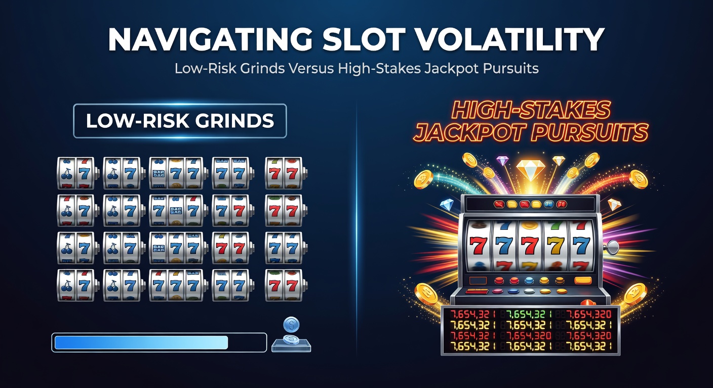 Ein Slot-Automat mit leuchtenden Symbolen zeigt niedrige Volatilität durch häufige kleine Gewinne, während im Hintergrund ein progressiver Jackpot hoch aufleuchtet