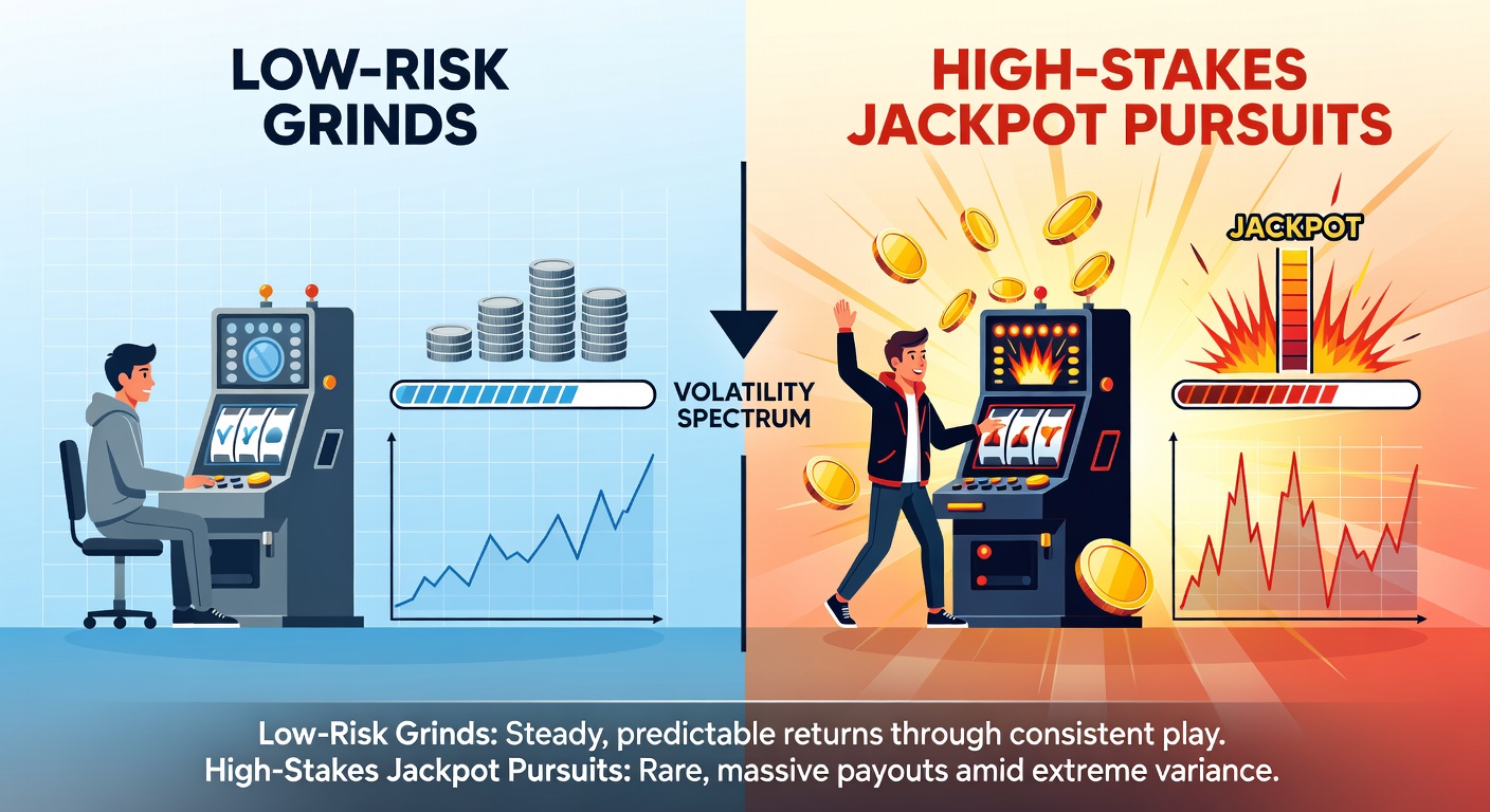 Hohe Volatilitäts-Slot mit explodierenden Jackpot-Symbolen und einem Zähler, der Millionen anzeigt, kontrastiert mit ruhigen Low-Vol-Spins