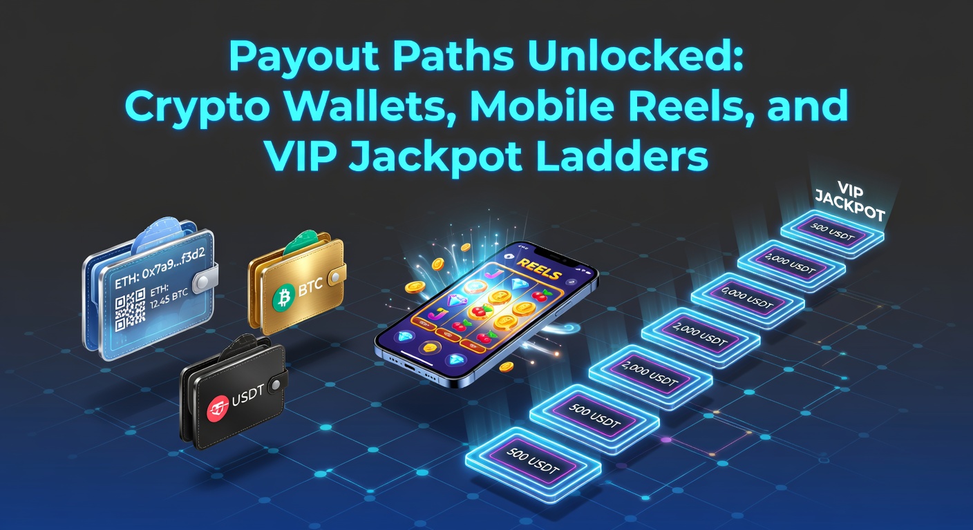 Dynamische Darstellung von Crypto-Wallets, drehenden Mobile-Reels und aufsteigenden VIP-Jackpot-Leitern in einem modernen Online-Casino-Umfeld